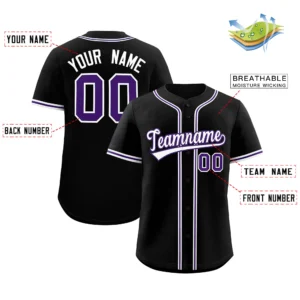 Personalized Name Number Logo Baseball Jersey - Black (Purple & White Accents)