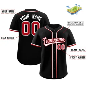 Personalized Name Number Logo Baseball Jersey - Black (Red & White Accents)