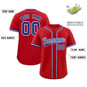 Personalized Name Number Logo Baseball Jersey - Red (Blue Accents)