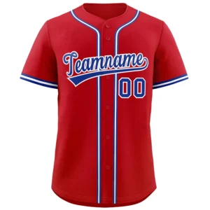 Personalized Name Number Logo Baseball Jersey - Red (Blue Accents)